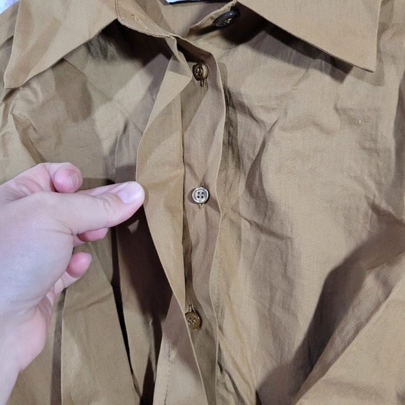 Zara Dark Tan Long Sleeve Cropped Poplin Button Front Shirt - Picture 7 of 14